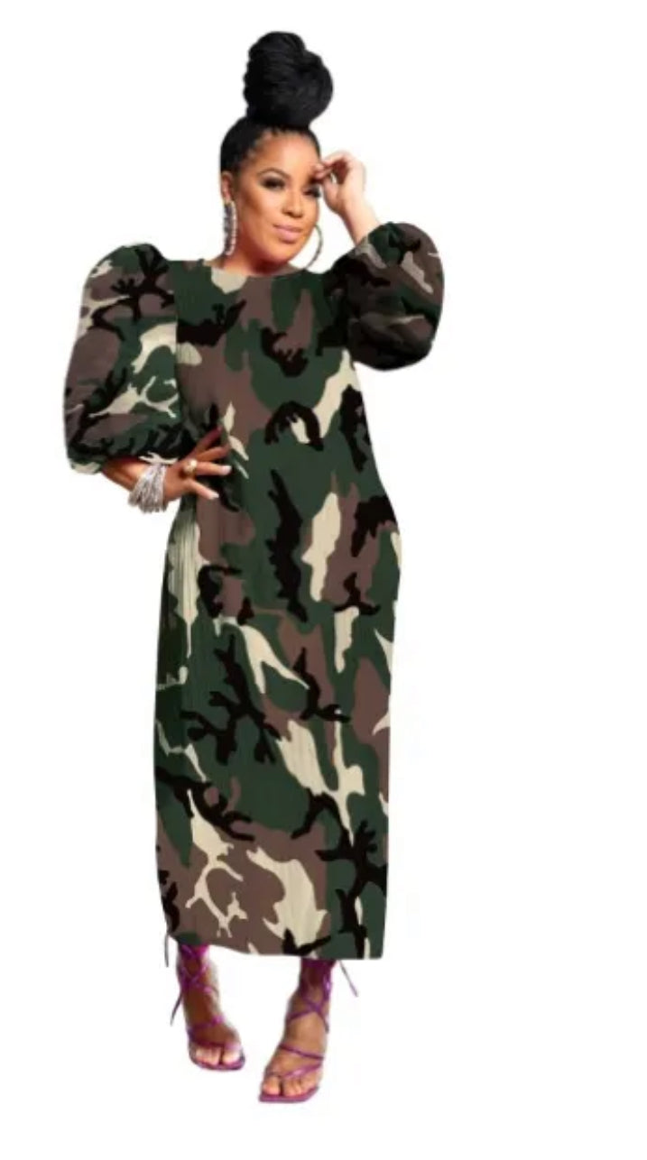 Puffy Sleeve Stretch Dress