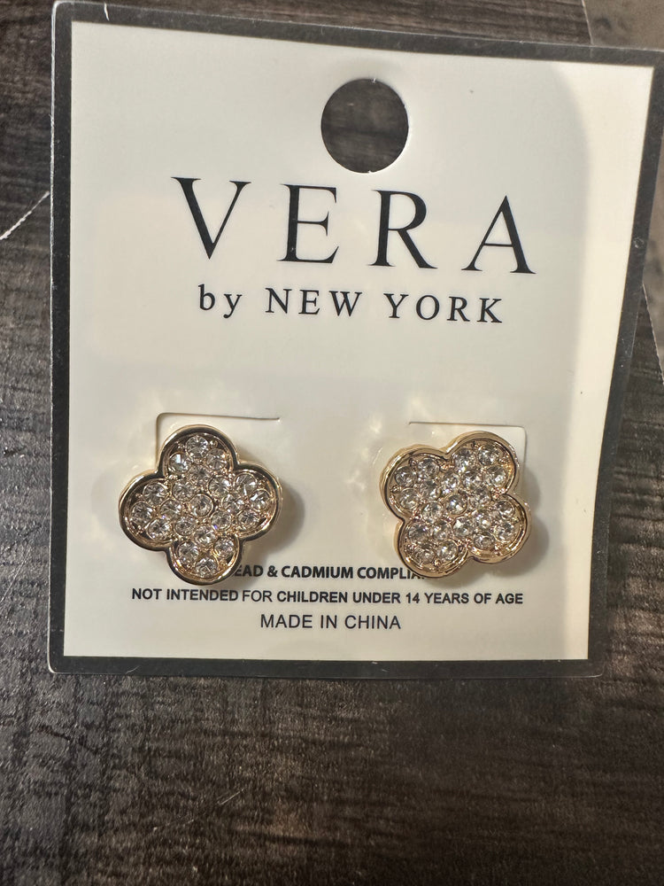 Gold Rhinestone Clover Flower Earrings