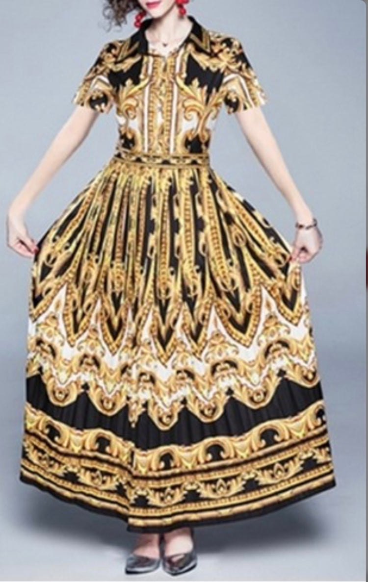 Black Gold Pleated Button Down Dress