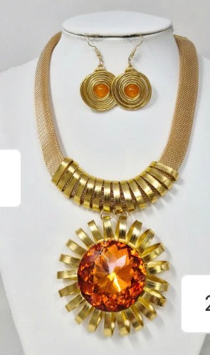 Gold Orange Crystal Statement Necklace