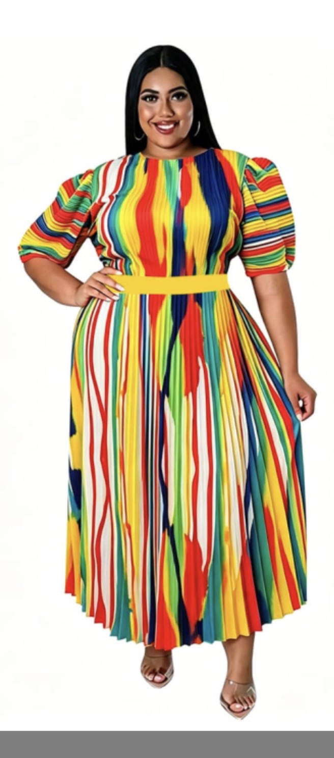 Multicolor Pleated Bottom Puff Sleeve Stretch Dress