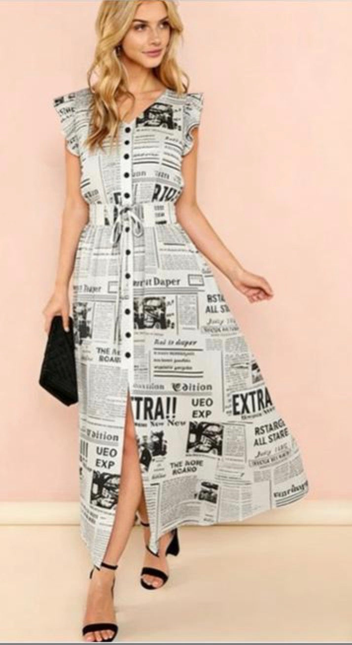 Newspaper Print Button Down Dress