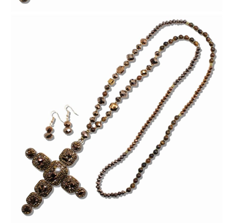 Long Cross Jewel Sparkly Bead Necklace