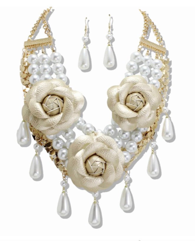 Gold Flowers Pearl Statement Necklace
