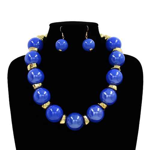 Blue Chunky Bubble Necklace with Earrings Set