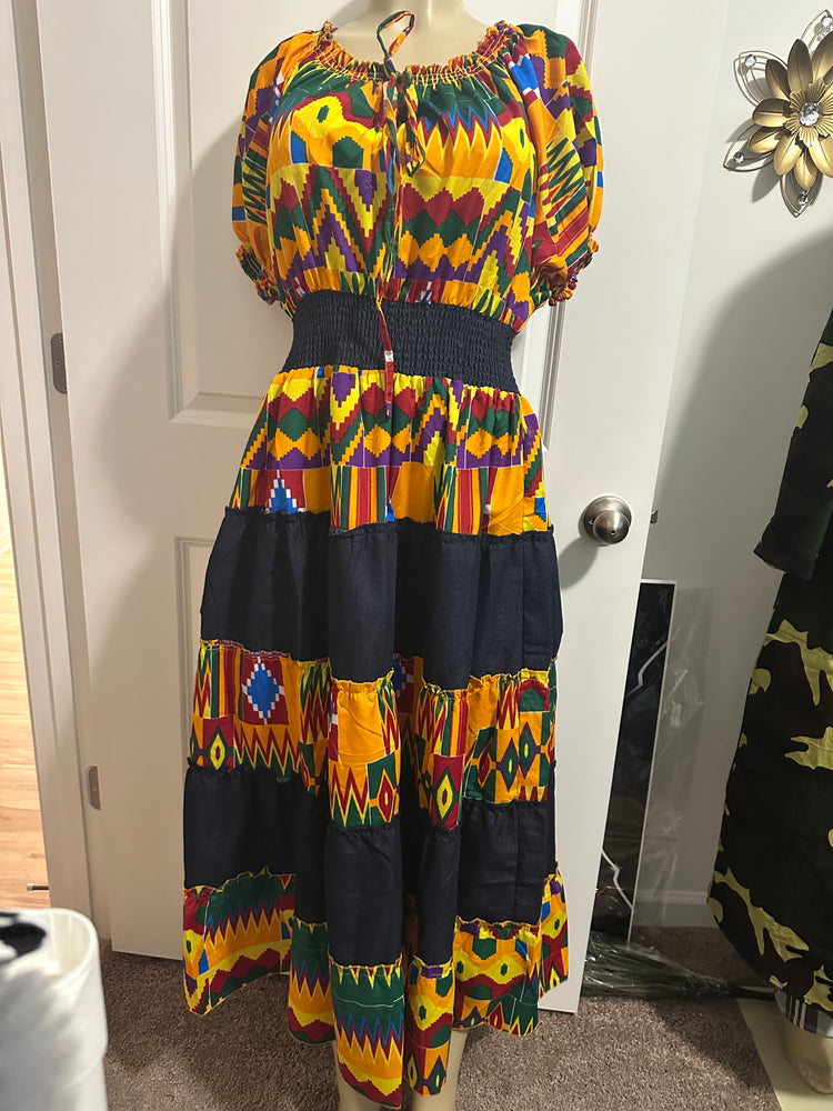 Denim African Print Tiered Dress