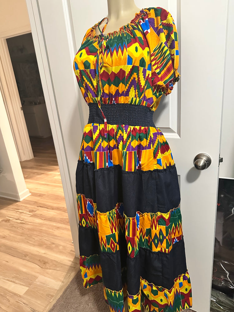 Denim African Print Tiered Dress