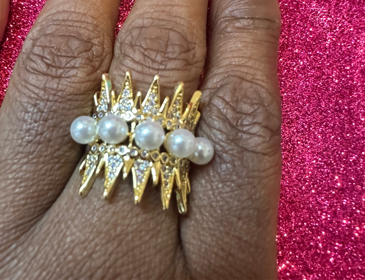 Gold Crown & Pearls Adjustable Ring