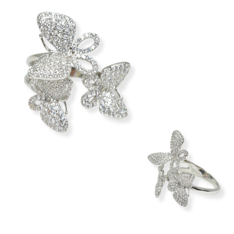 Triple butterfly cubic zirconia adjustable ring