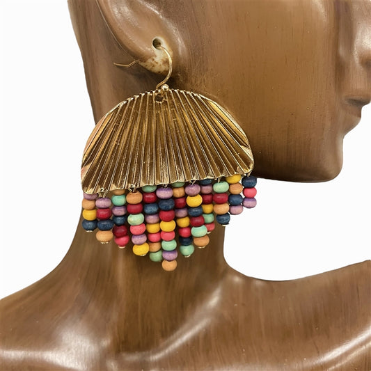 Gold Wood Dangle Fringe Earrings