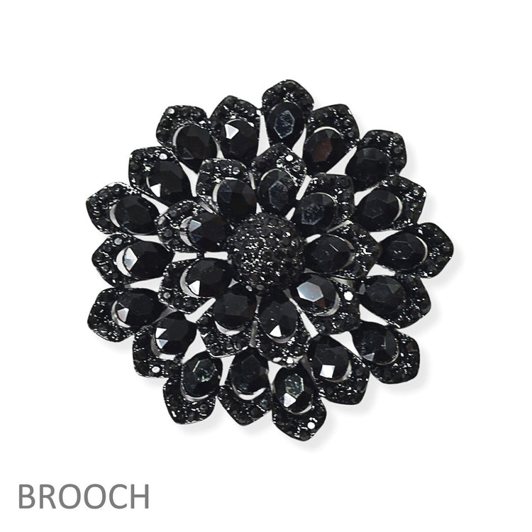 Black Round Flower Sparkle Brooch