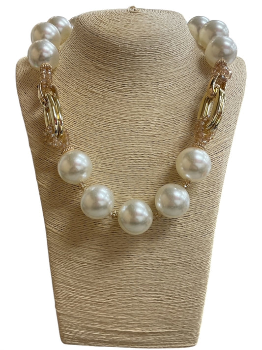 Chunky Pearl Necklace with Amber Crystal Accents