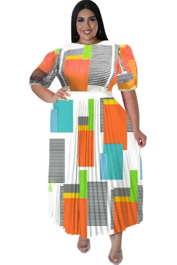 White w/ Pink Multicolor Pleated Stretchy Dress