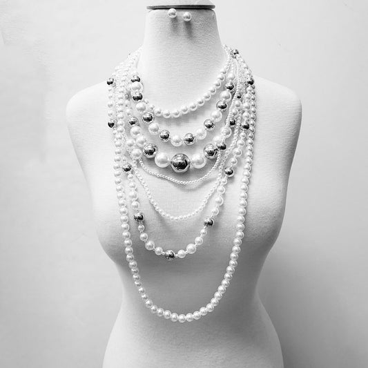 Multilayer Pearls with Silver Necklace