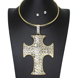 Large Gold Rhinestone Cross Necklace