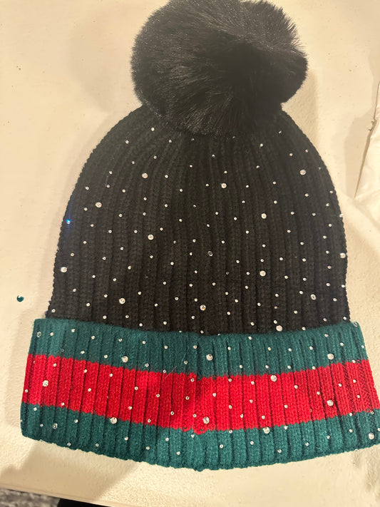 Inspired Black Rhinestone Beanie