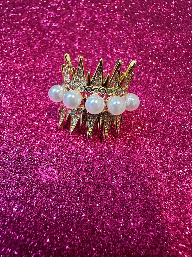 Gold Crown & Pearls Adjustable Ring