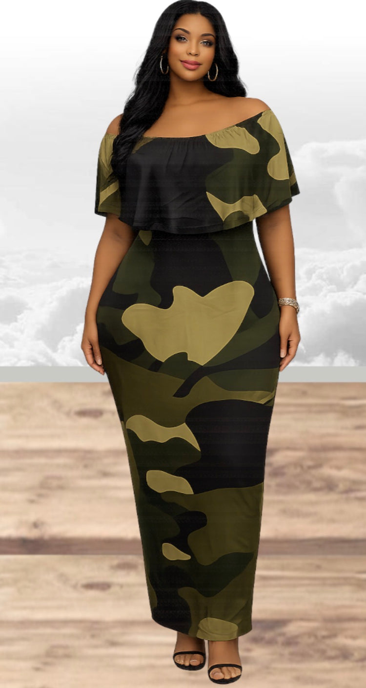 Camo Off/On Shoulder Dress