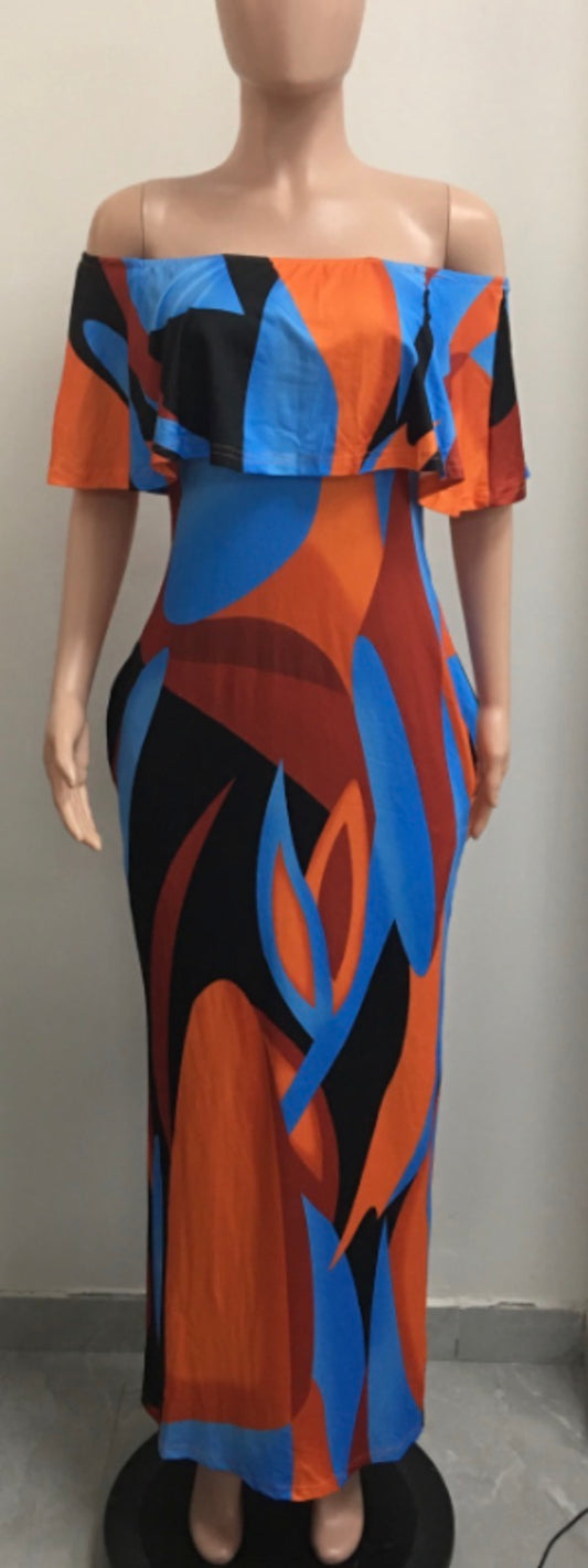 Orange Blue Multicolor Off/On Shoulder Dress