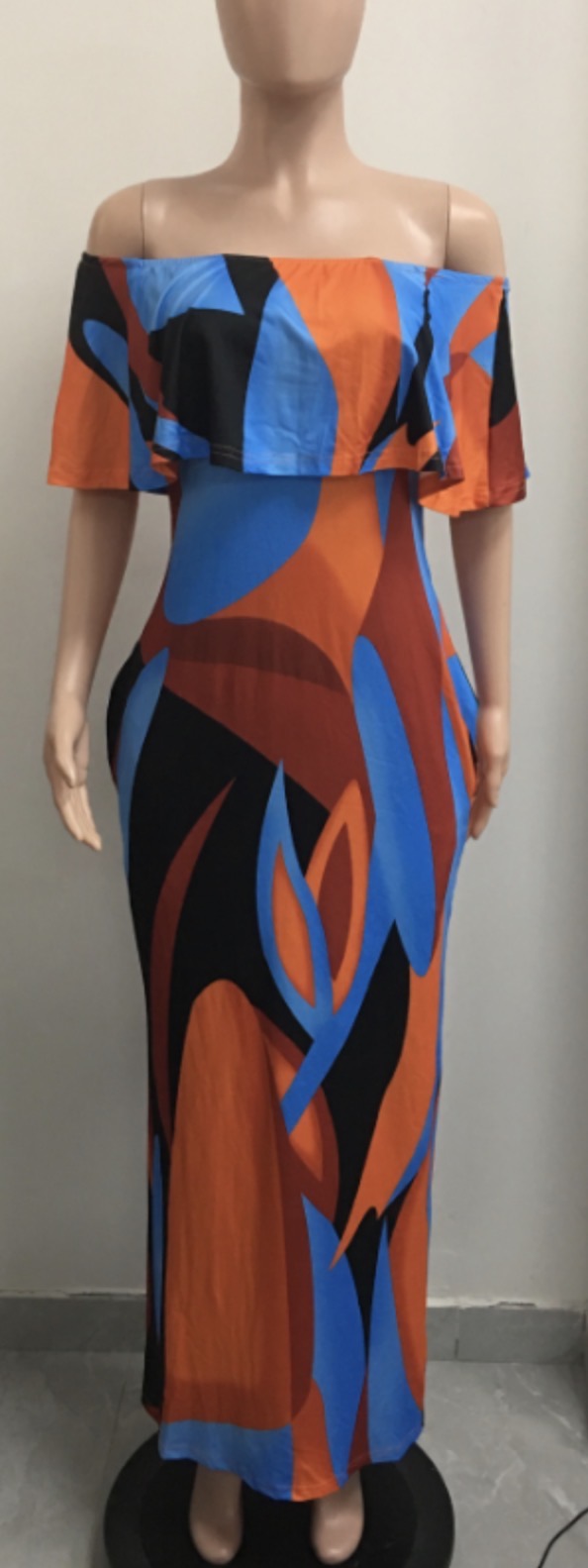 Orange Blue Multicolor Off/On Shoulder Dress