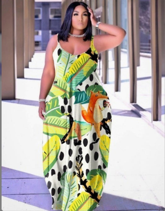 Green Tropical Print Sundress