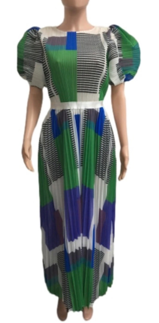 Blue Green Pleated Puff Sleeve Dress