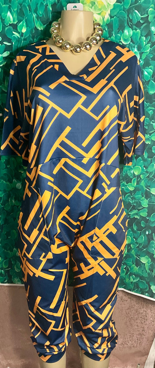 Navy Abstract Print Crop Leg Jump Suit