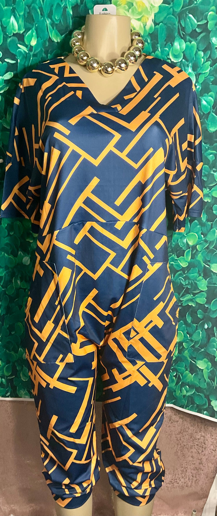 Navy Abstract Print Crop Leg Jump Suit