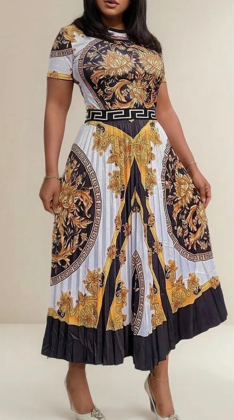 White Gold Pullover Pleated Dress
