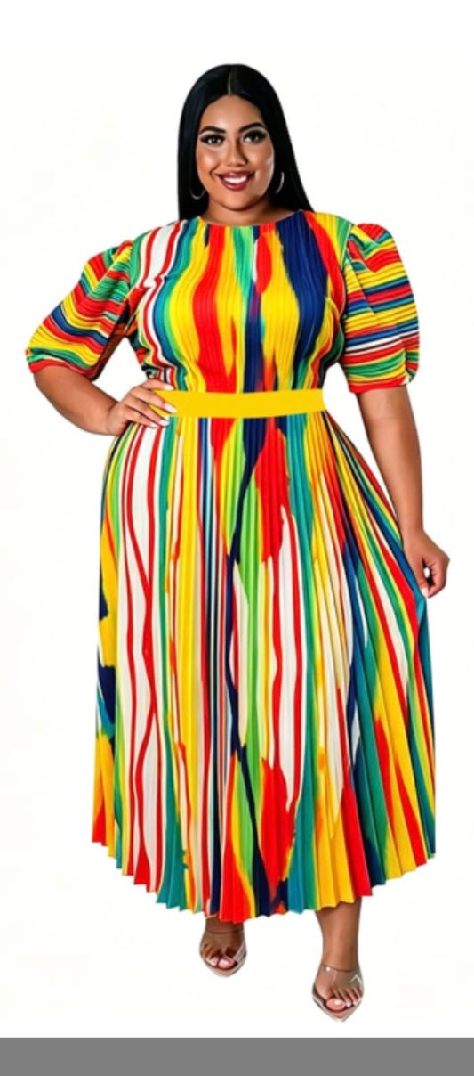Multicolor Pleated Bottom Puff Sleeve Stretch Dress