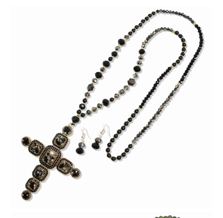 Long Cross Jewel Sparkly Bead Necklace