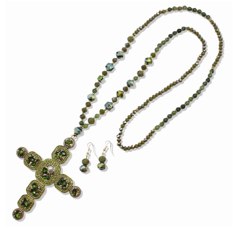 Long Cross Jewel Sparkly Bead Necklace