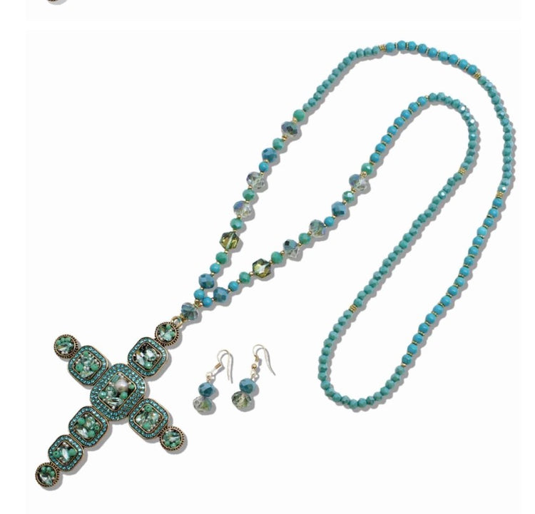 Long Cross Jewel Sparkly Bead Necklace