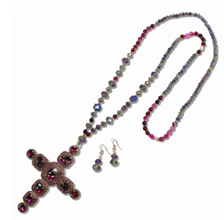 Long Cross Jewel Sparkly Bead Necklace
