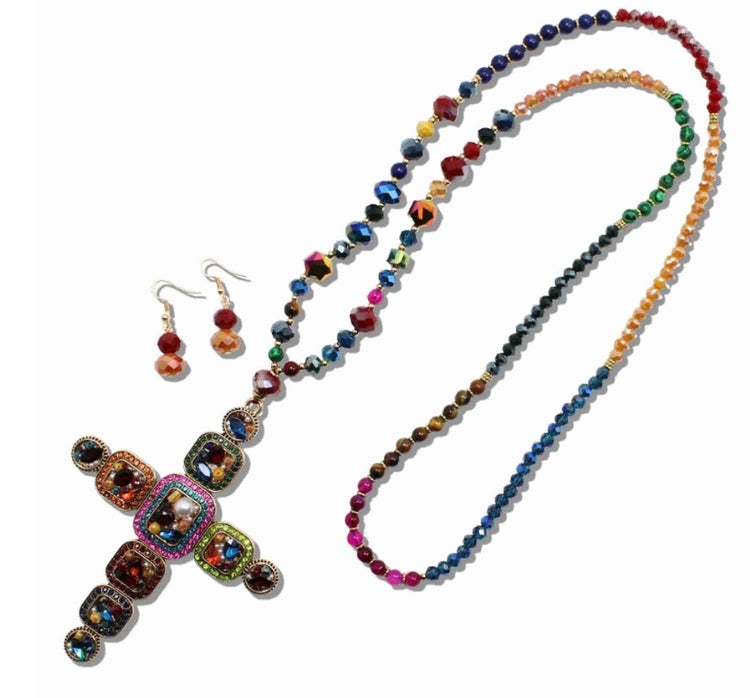 Long Cross Jewel Sparkly Bead Necklace