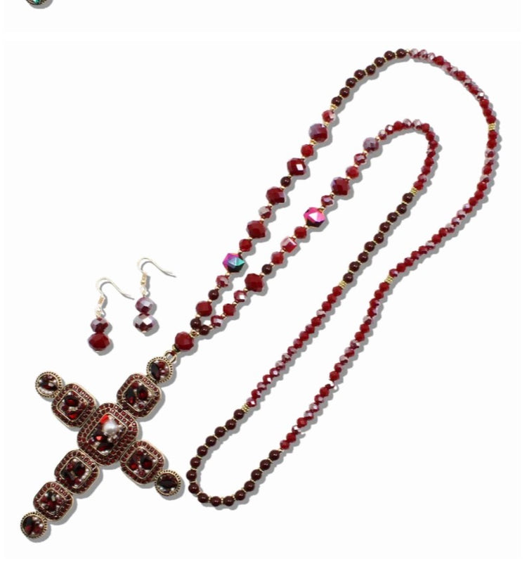 Long Cross Jewel Sparkly Bead Necklace