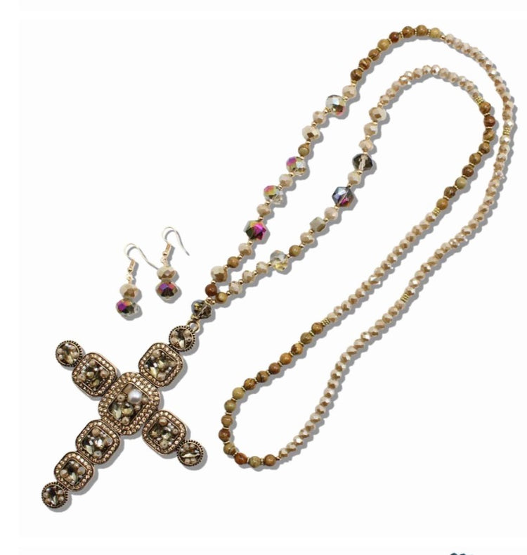 Long Cross Jewel Sparkly Bead Necklace