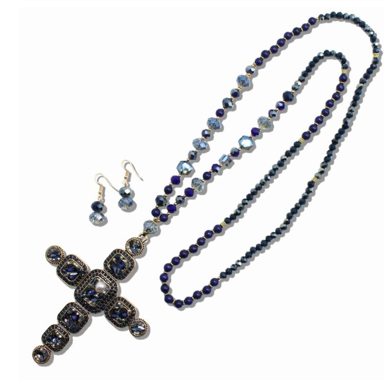 Long Cross Jewel Sparkly Bead Necklace