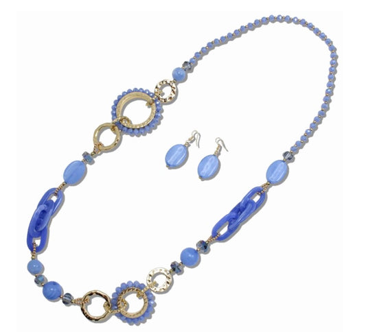 Periwinkle Blue Long Geometric Beaded Necklace