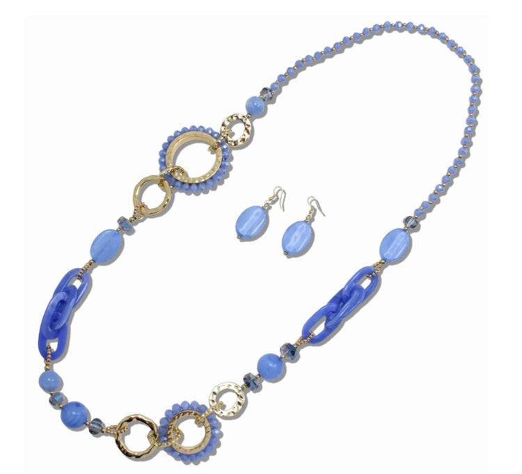 Periwinkle Blue Long Geometric Beaded Necklace
