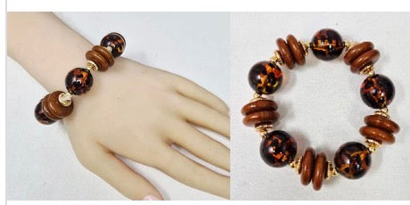 Brown and Leopard Beaded Stretch Bracelet