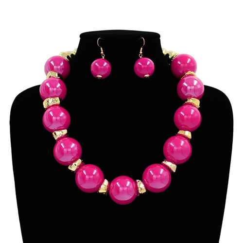 Fuchsia Pink Chunky Bubble Necklace with Earrings Set