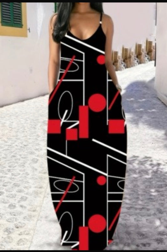 Black Red Abstract Print Sundress