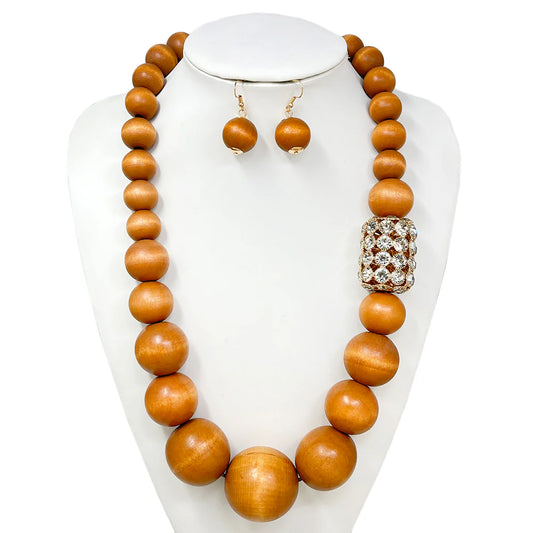 Brown Long Chunky Beads Necklace with Rhinestone Accent