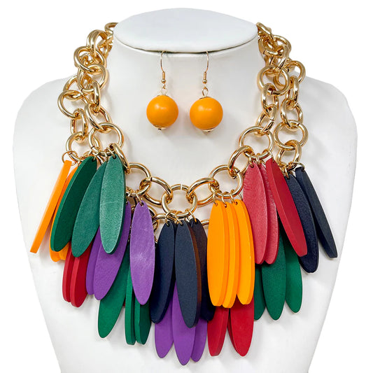 Gold Chain Multicolor Wood Statement Necklace