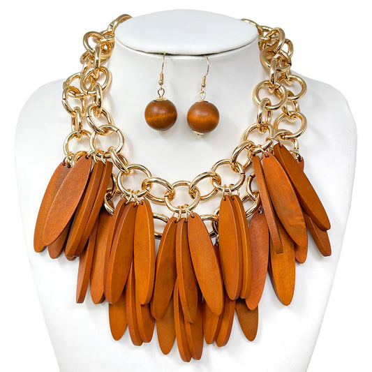 Gold Brown Wood Statement Necklace