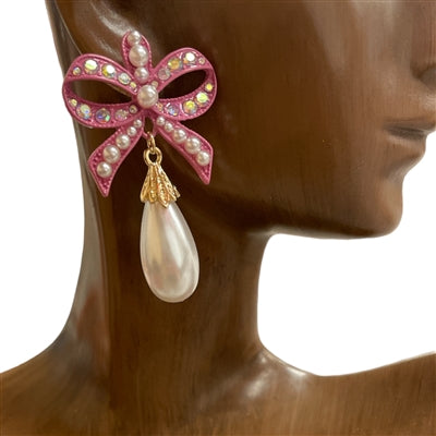 Pink Bow Pearl Drop Earrings