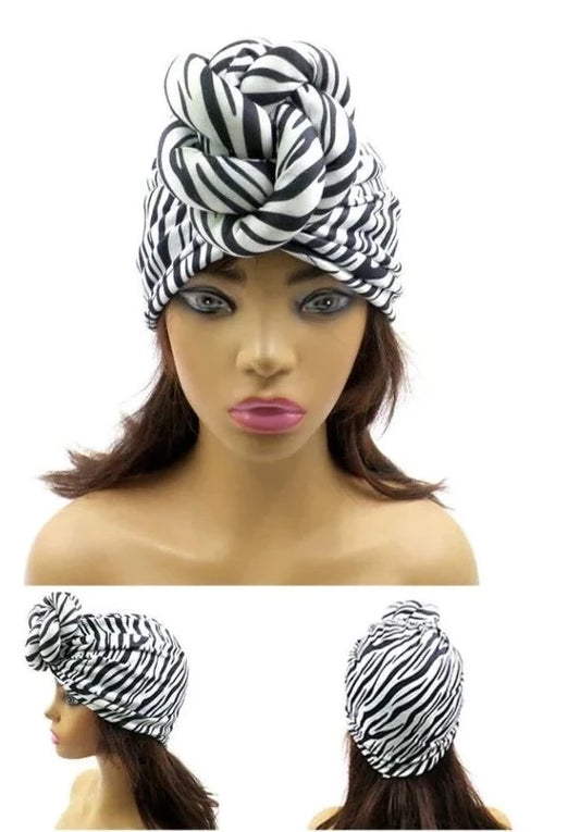 Zebra Black & White Top Knot Turban