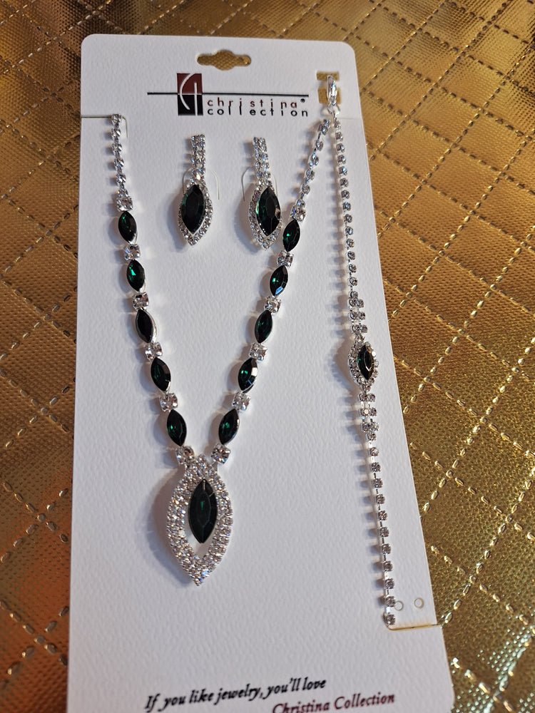 Green & Silver Sparkle Oval Necklace Set